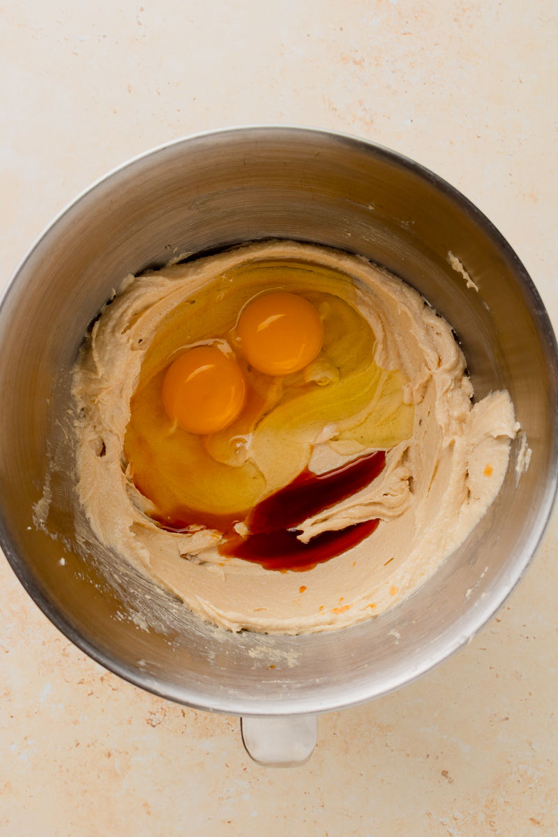 eggs and vanilla folded into creamed butter.