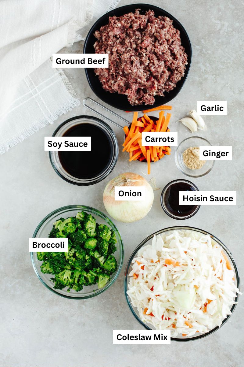 all the ingredients needed to make eggroll in a bowl.