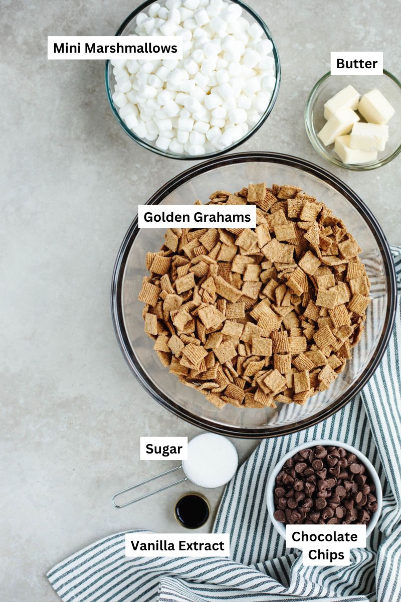 all the ingredients needed to make golden graham smores bars.