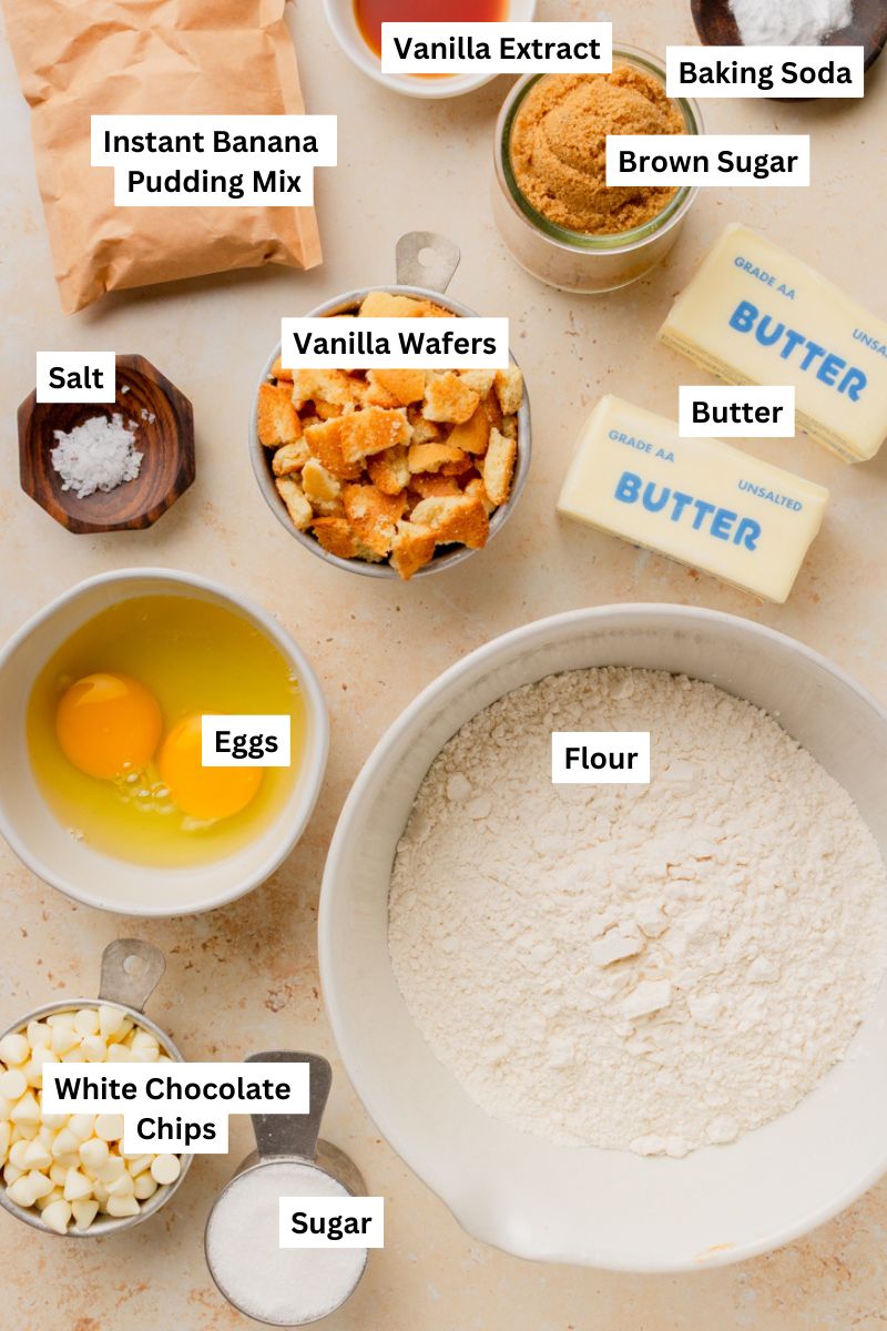 all the ingredients needed to make easy banana pudding cookies.