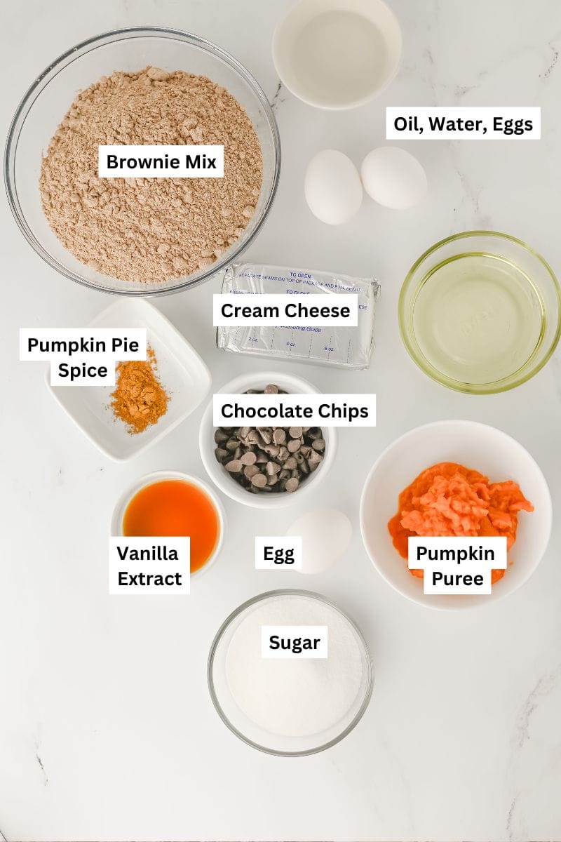 Ingredients for pumpkin spice brownies including brownie mix, pumpkin puree, cream cheese, sugar, egg, vanilla, chocolate chips, and pumpkin pie spice.