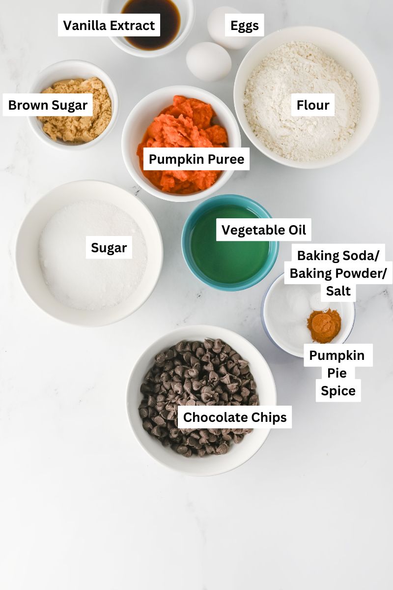 all the ingredients needed to make pumpkin chocolate chip muffins.