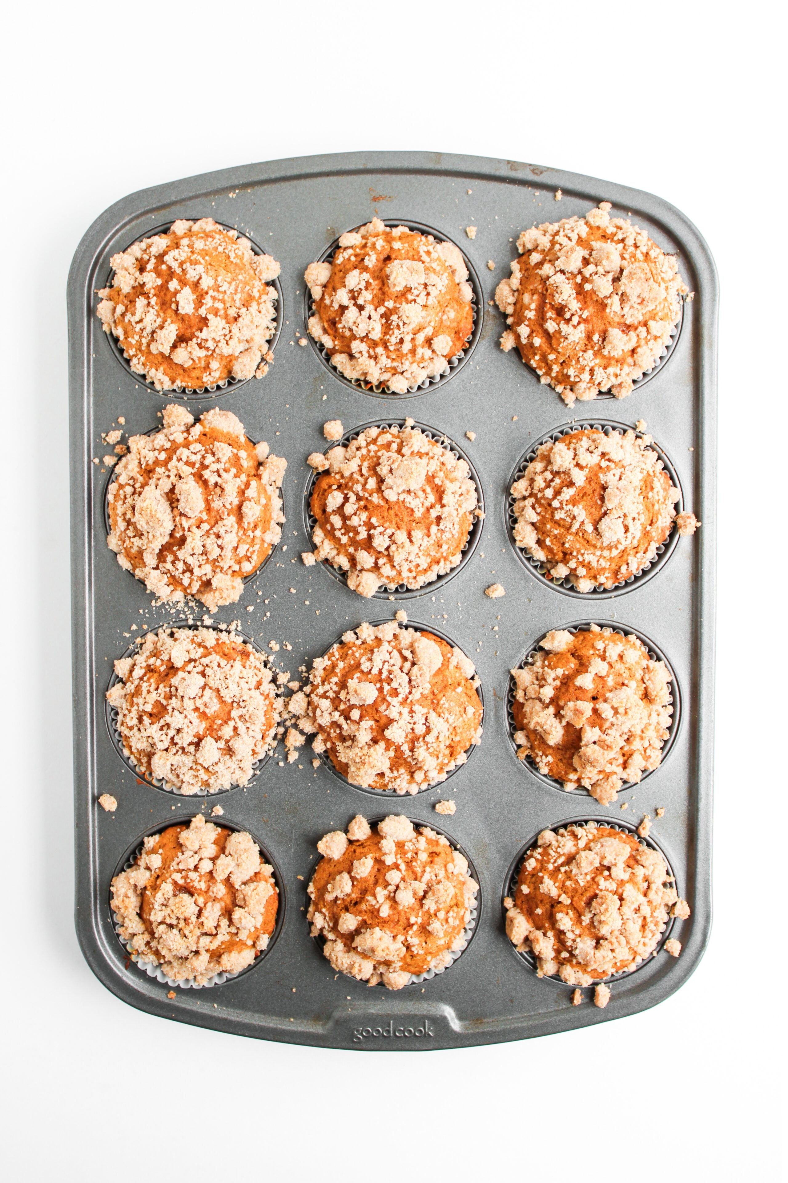 baked pumpkin spice muffins with a crumbly streusel.