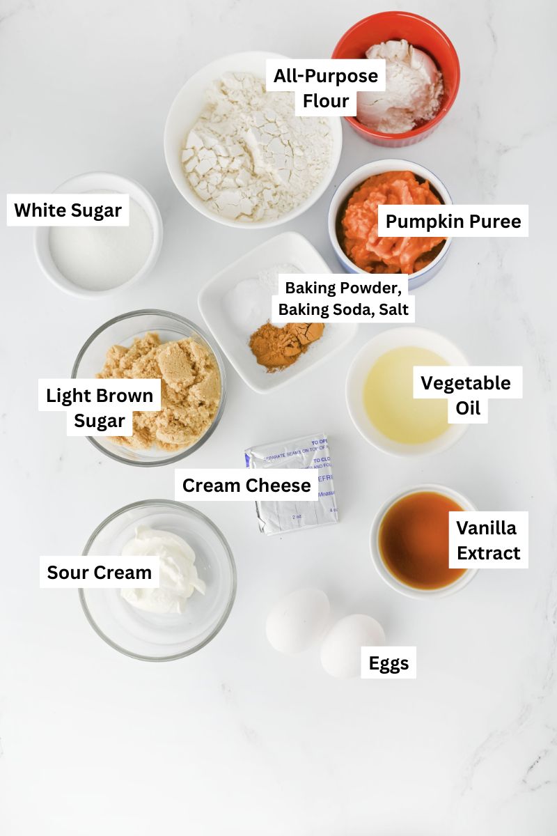 all ingredients needed to make pumpkin cream cheese bread.