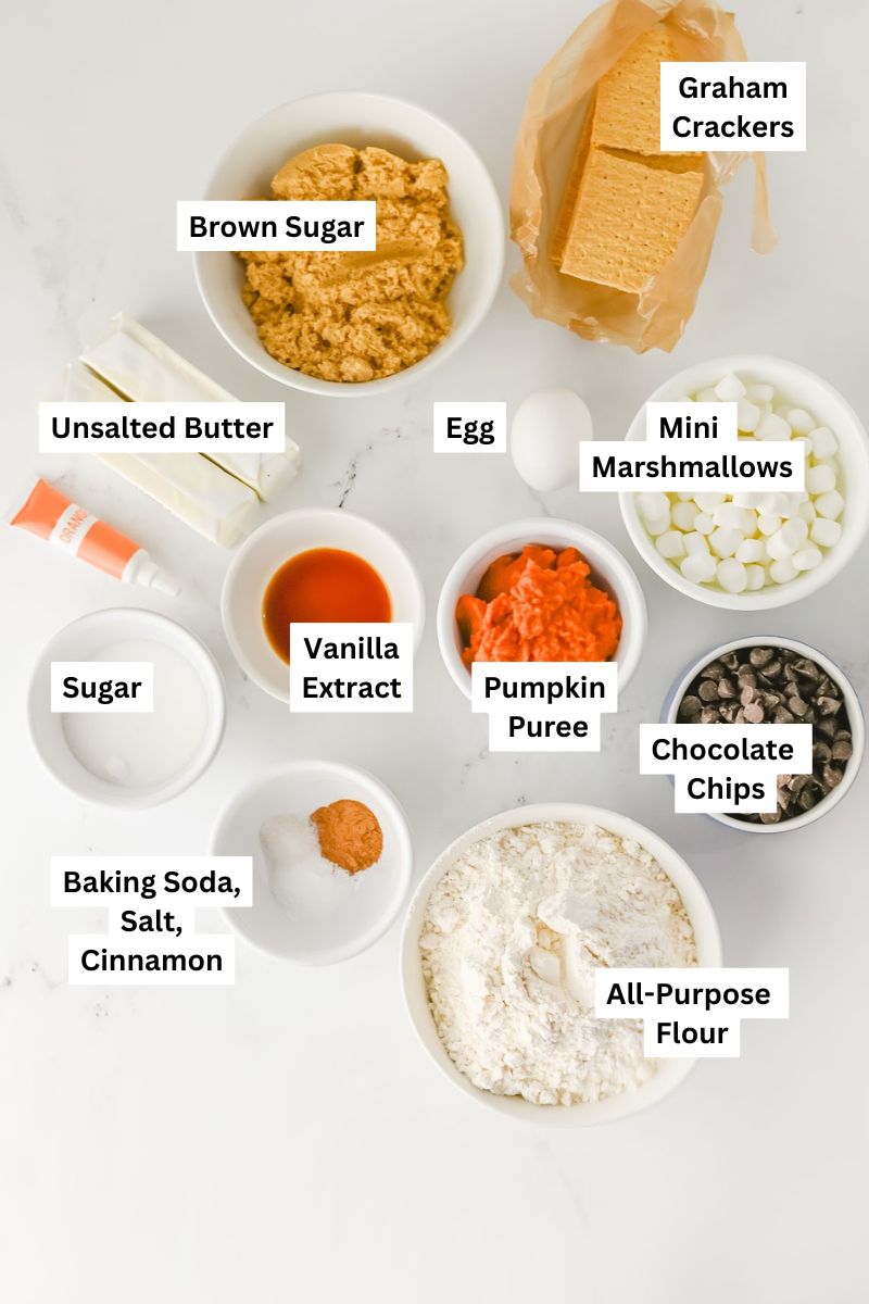 all the ingredients needed to make Pumpkin Smores Cookies.