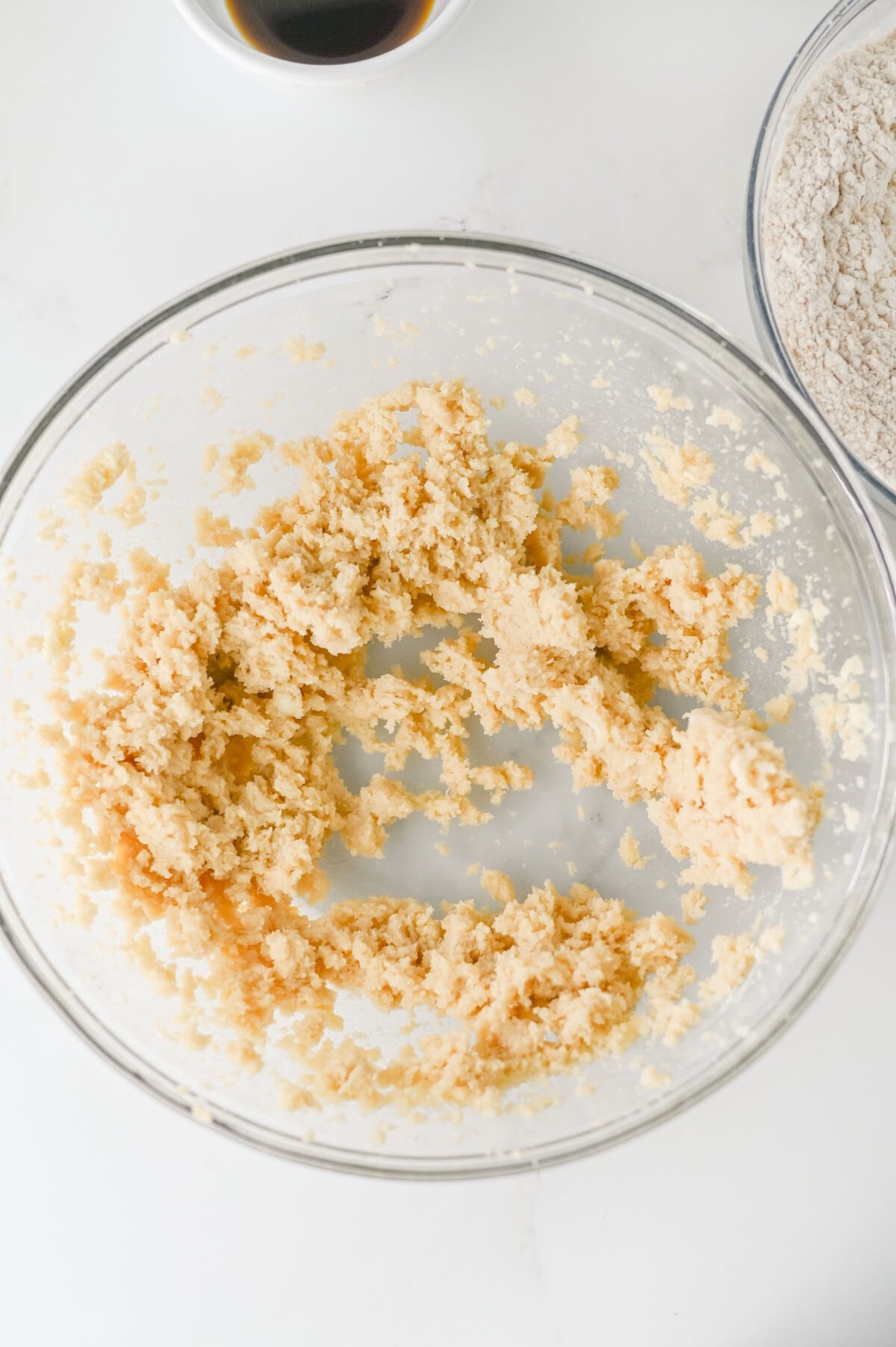 creamed butter and sugars in a mixing bowl.