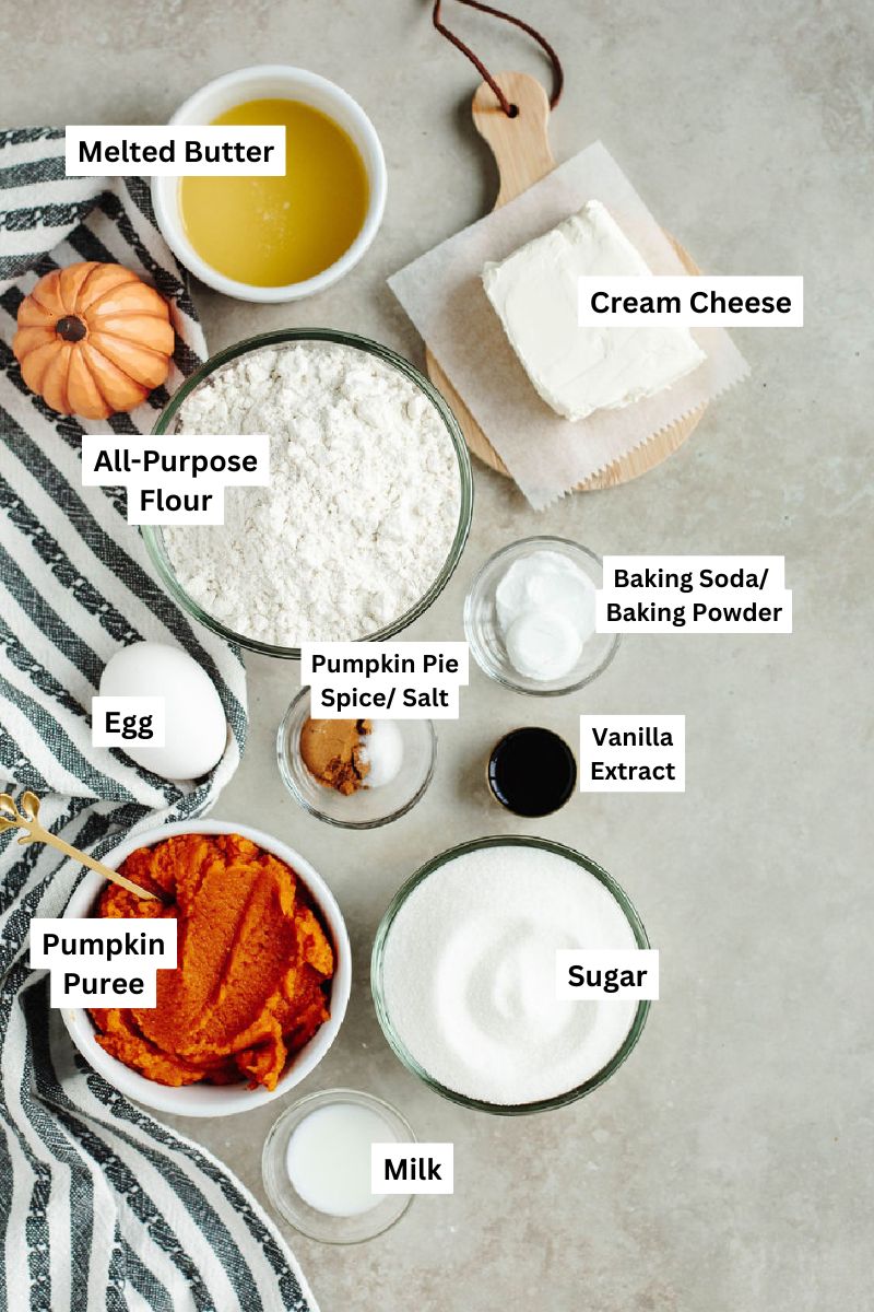 all the ingredients needed to make copycat starbucks pumpkin cream cheese muffins.