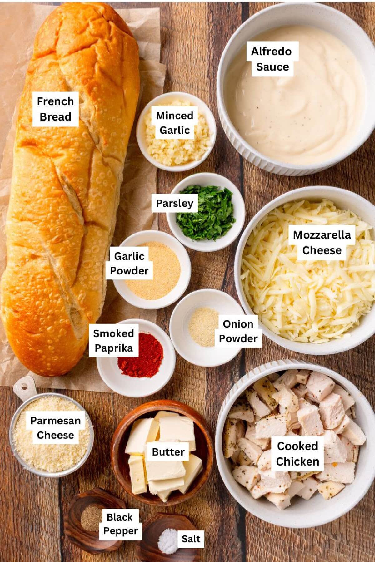all the ingredients needed to make cheesy Chicken Alfredo Garlic Bread.