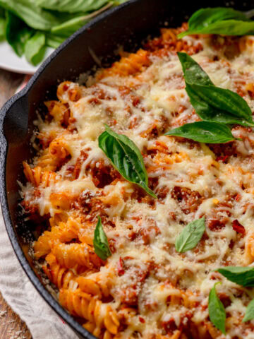 baked lazy lasagna in a skillet ready to serve.