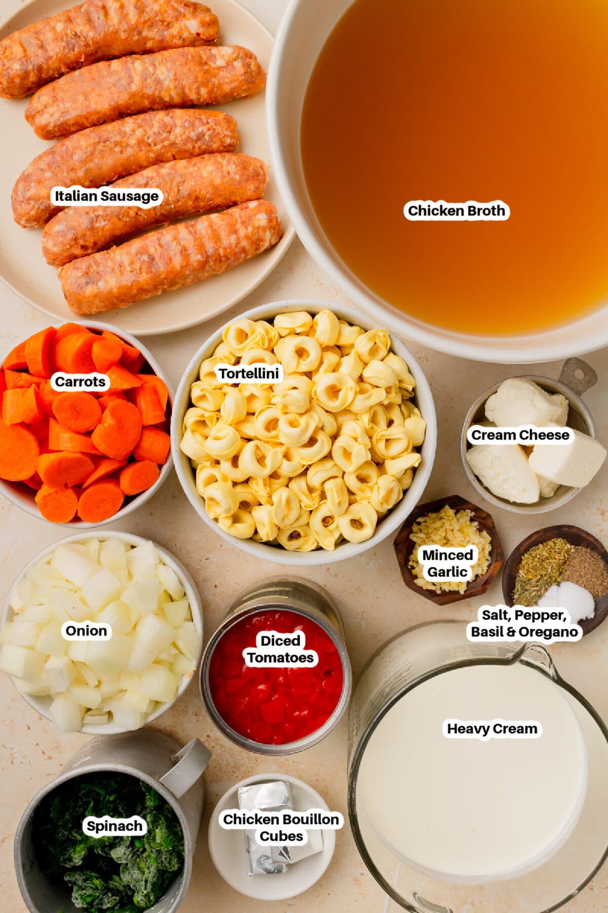 all the ingredients needed to make Creamy Sausage and Tortellini Soup.