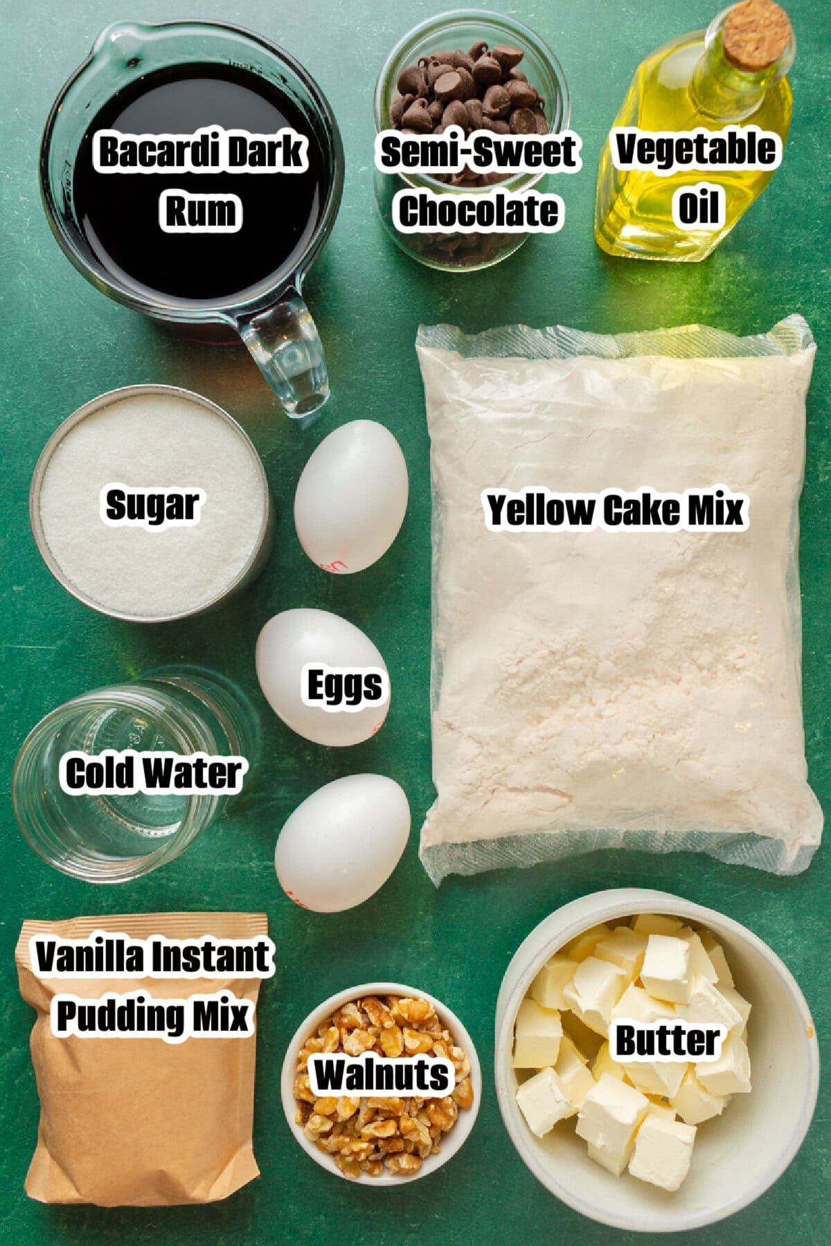 all the ingredients needed to make Bacardi Rum Cake.