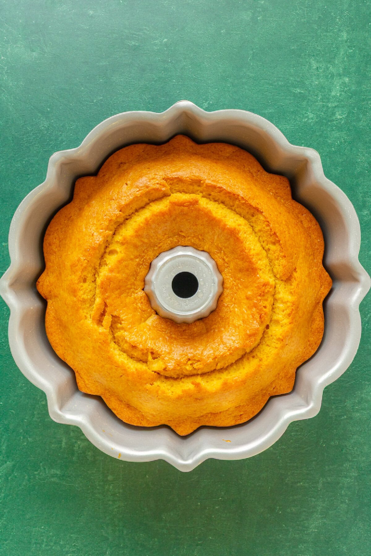 a baked shortcut rum cake in a bundt pan.