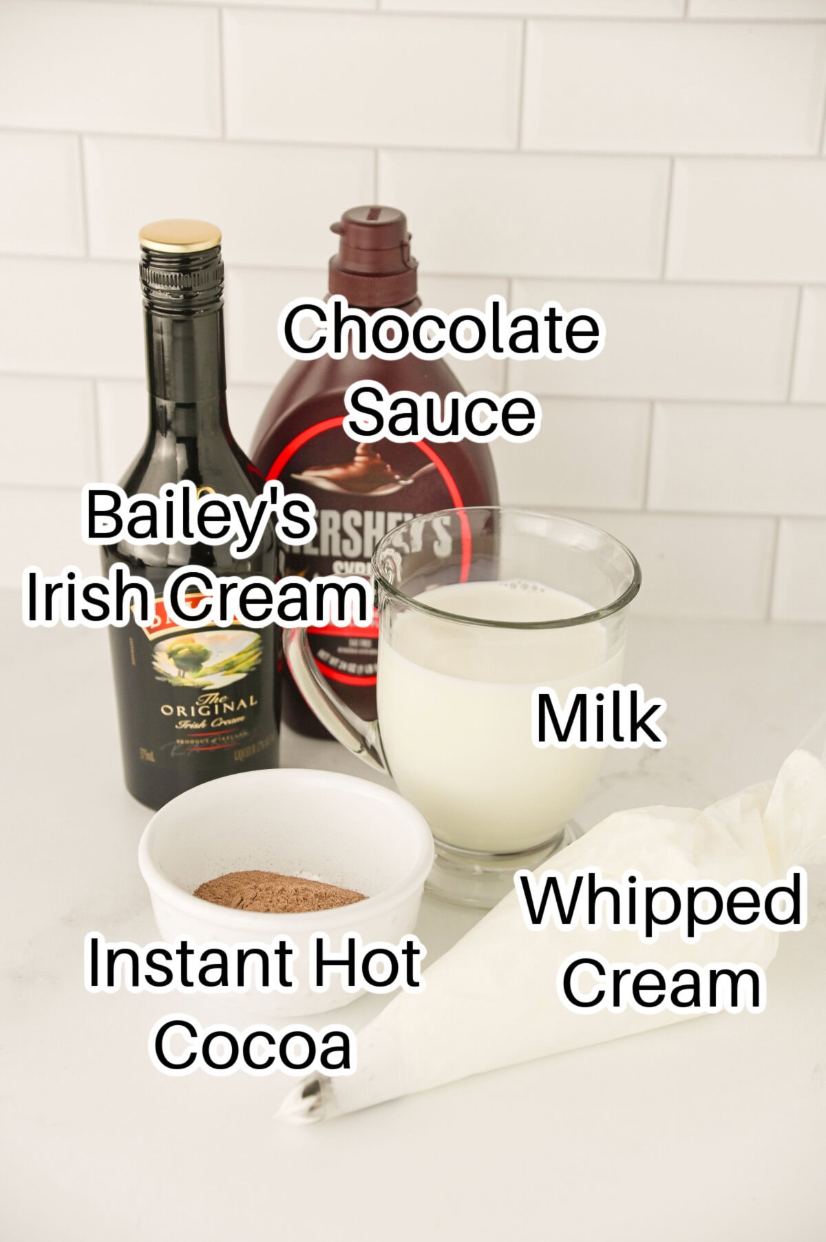 all the ingredients needed to make boozy hot chocolate.