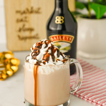 Baileys Boozy Hot Cocoa in a mug topped with whipped cream and chocolate syrup.