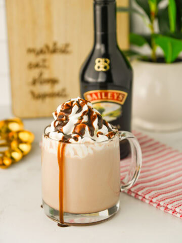 Baileys Boozy Hot Cocoa in a mug topped with whipped cream and chocolate syrup.