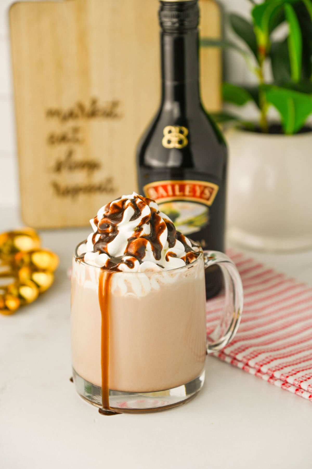 Baileys Boozy Hot Cocoa in a mug topped with whipped cream and chocolate syrup.