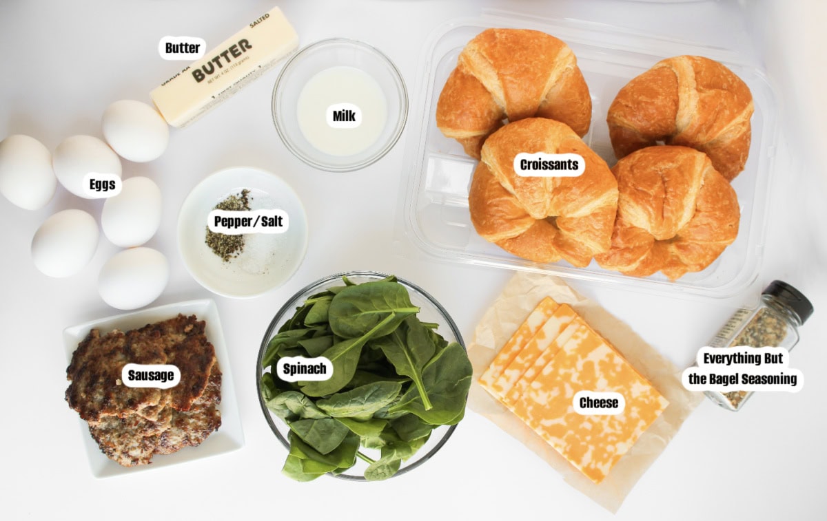 all the ingredients needed to make Baked Croissant Breakfast Sandwiches.
