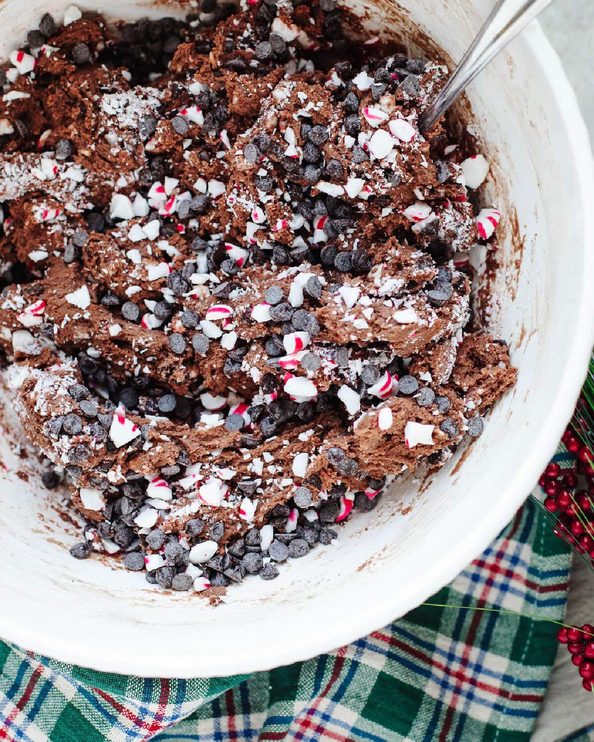 crushed candy cane and chocolate chips folded into cookie dough.