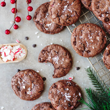 baked chocolate peppermint cookies ready to serve from a cooling rack.
