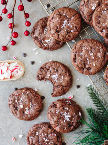 baked chocolate peppermint cookies ready to serve from a cooling rack.