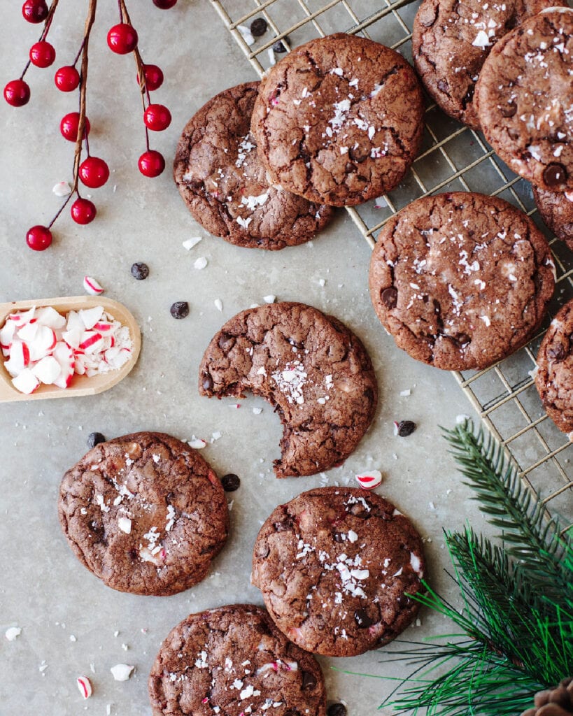 baked chocolate peppermint cookies ready to serve from a cooling rack.