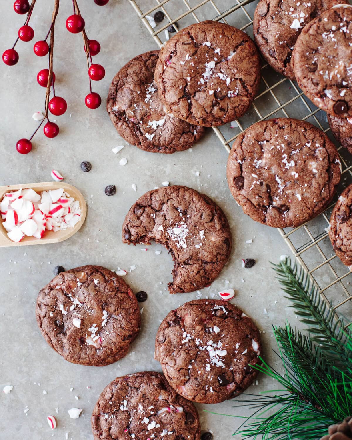baked chocolate peppermint cookies ready to serve from a cooling rack.