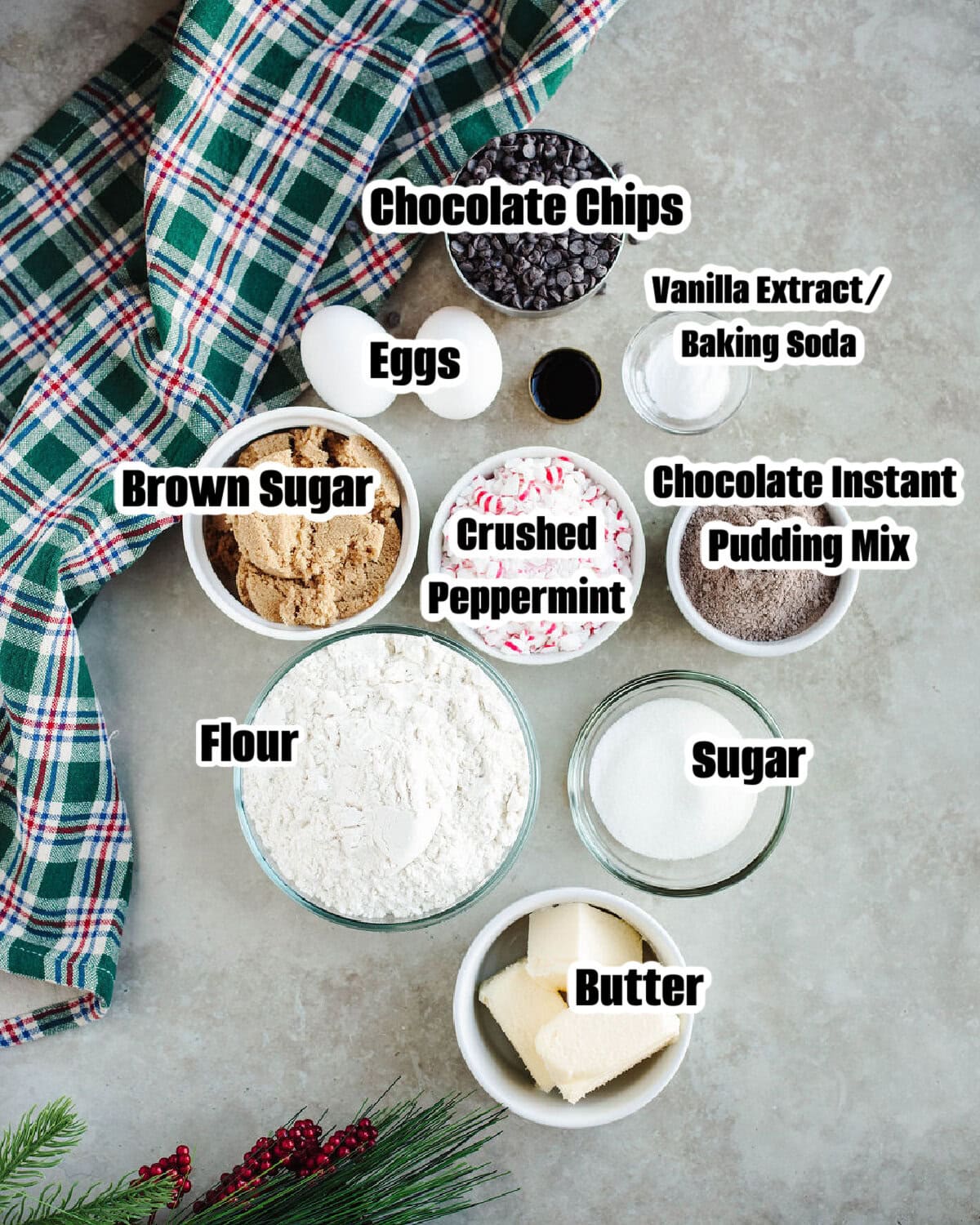 all the ingredients needed to make chocolate chunk peppermint pudding cookies.