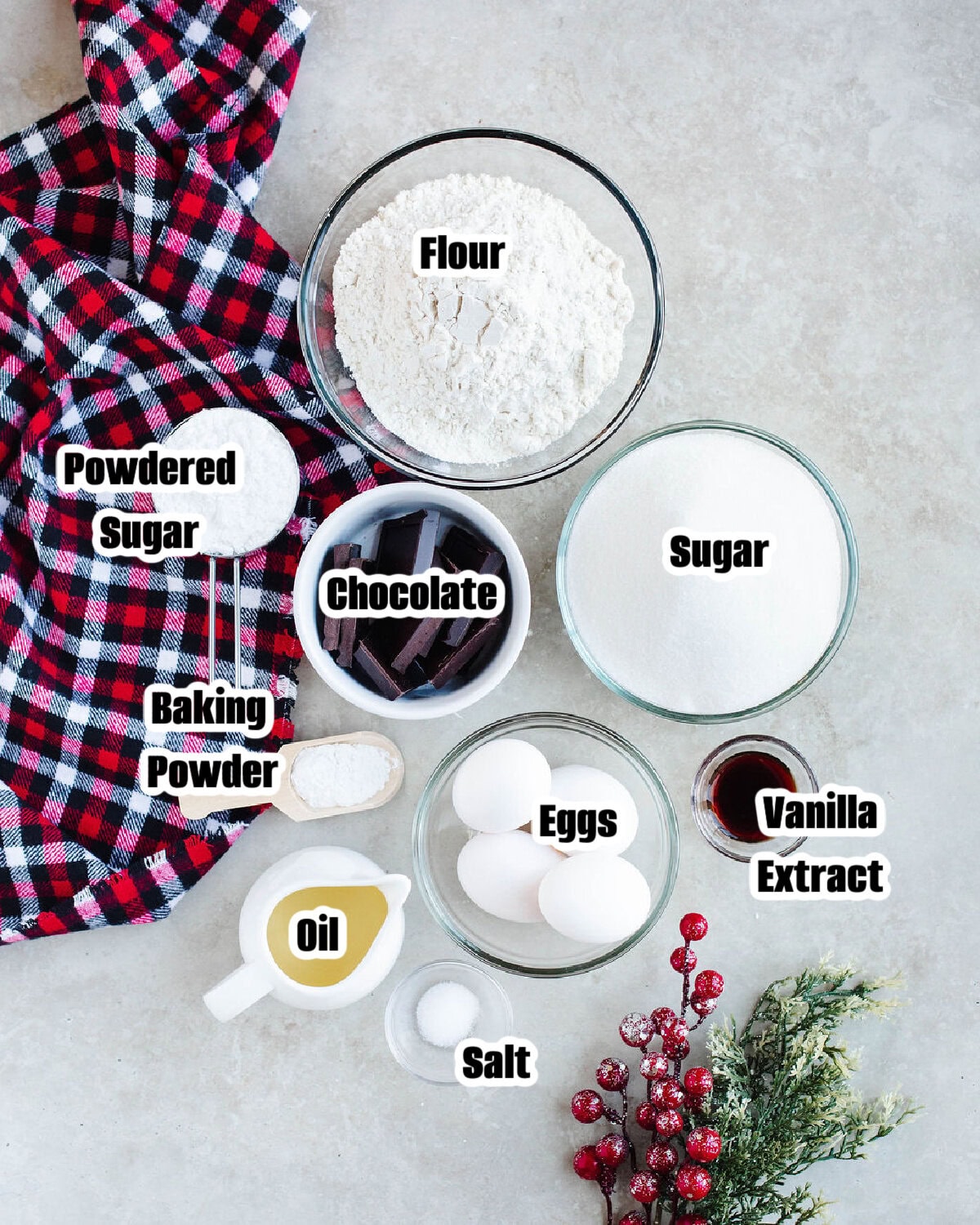 all the ingredients needed to make Chocolate Crinkle Cookies.