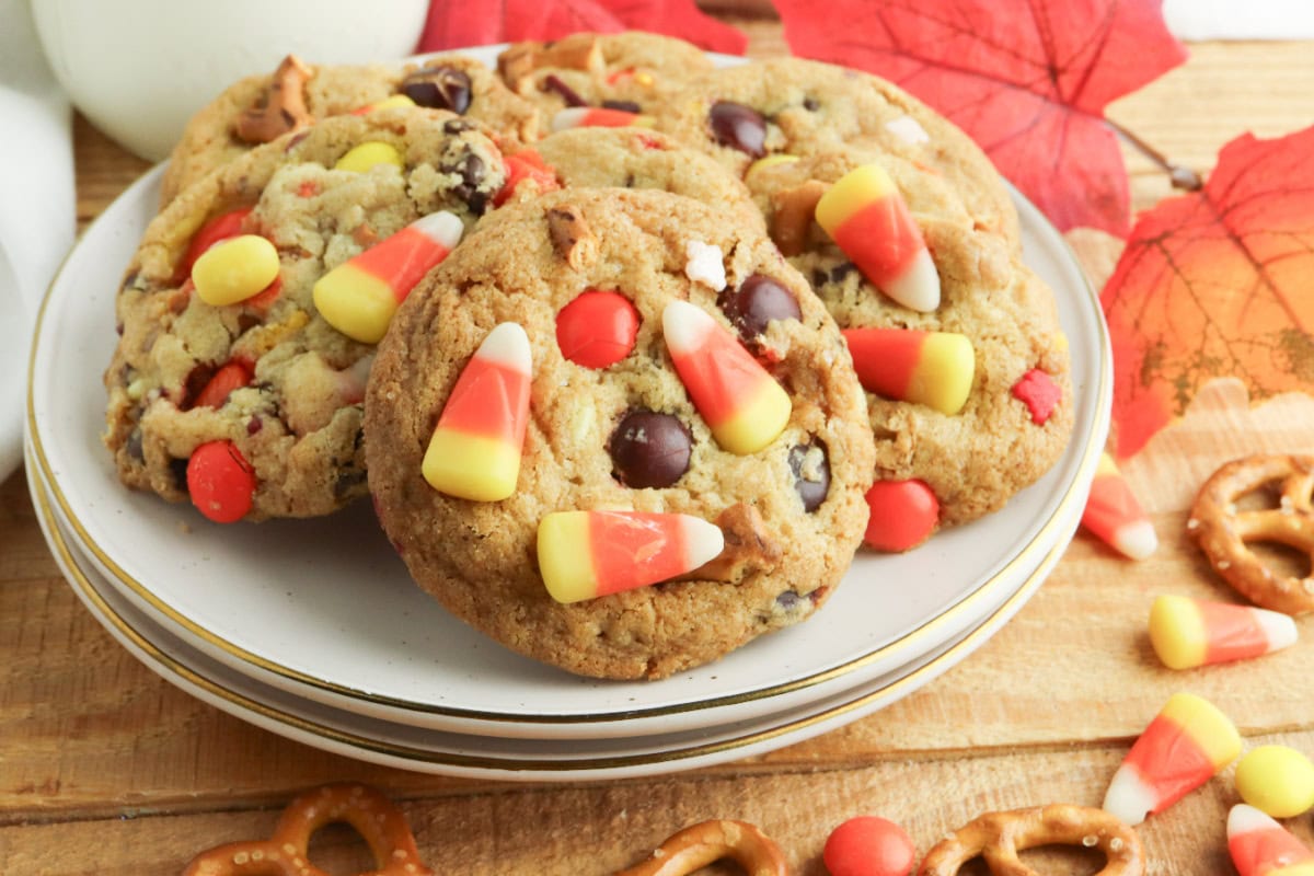Loaded Fall harvest cookies served on a white plate.