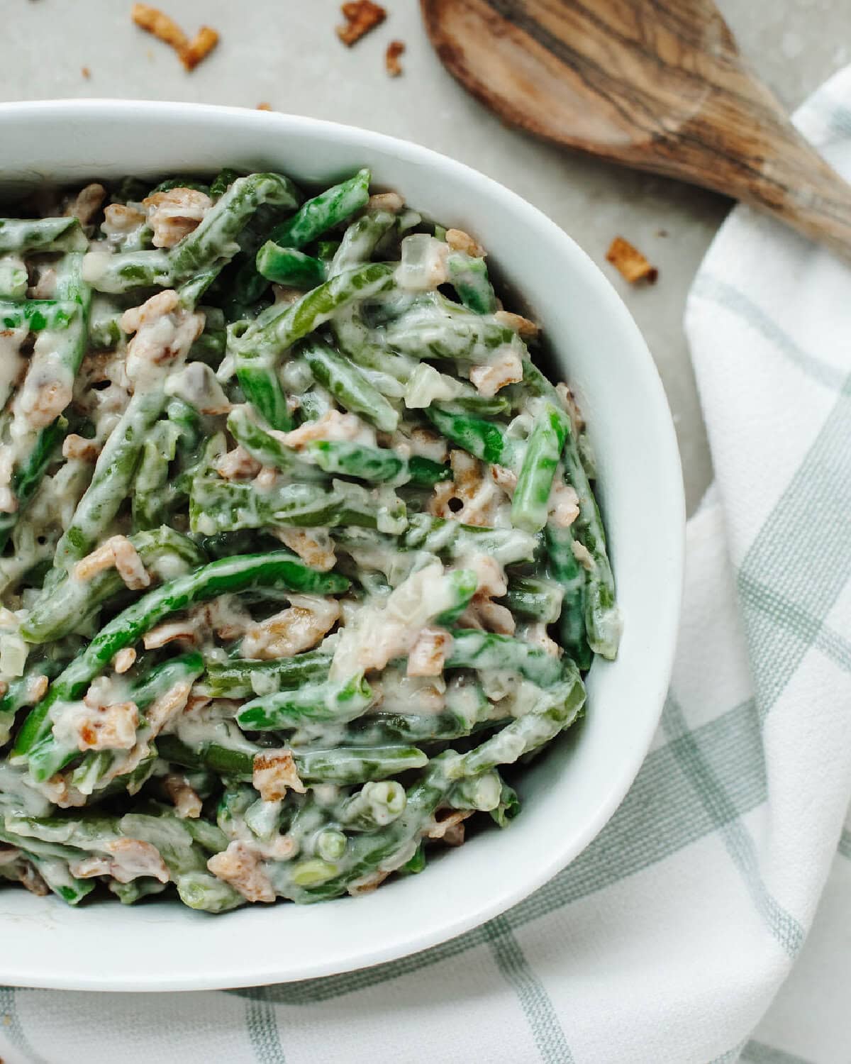 creamy Campbells green bean casserole combined and ready for the oven.