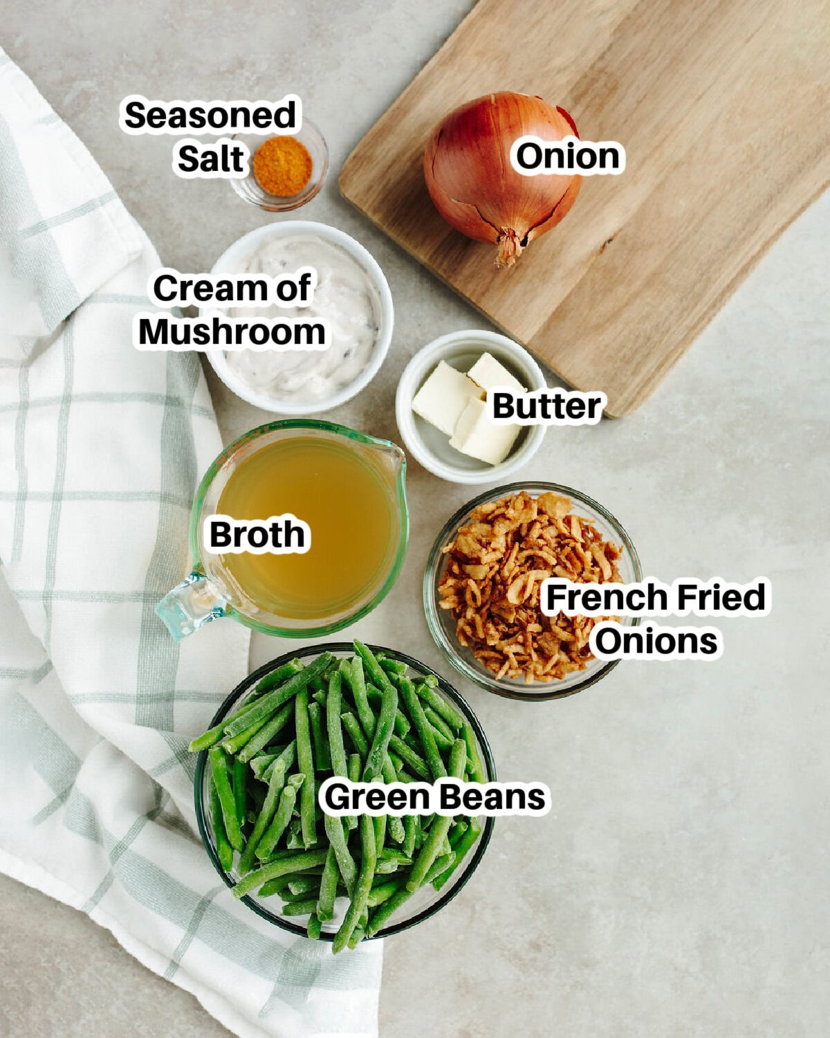 all the ingredients needed to make a Campbells green bean casserole from scratch.