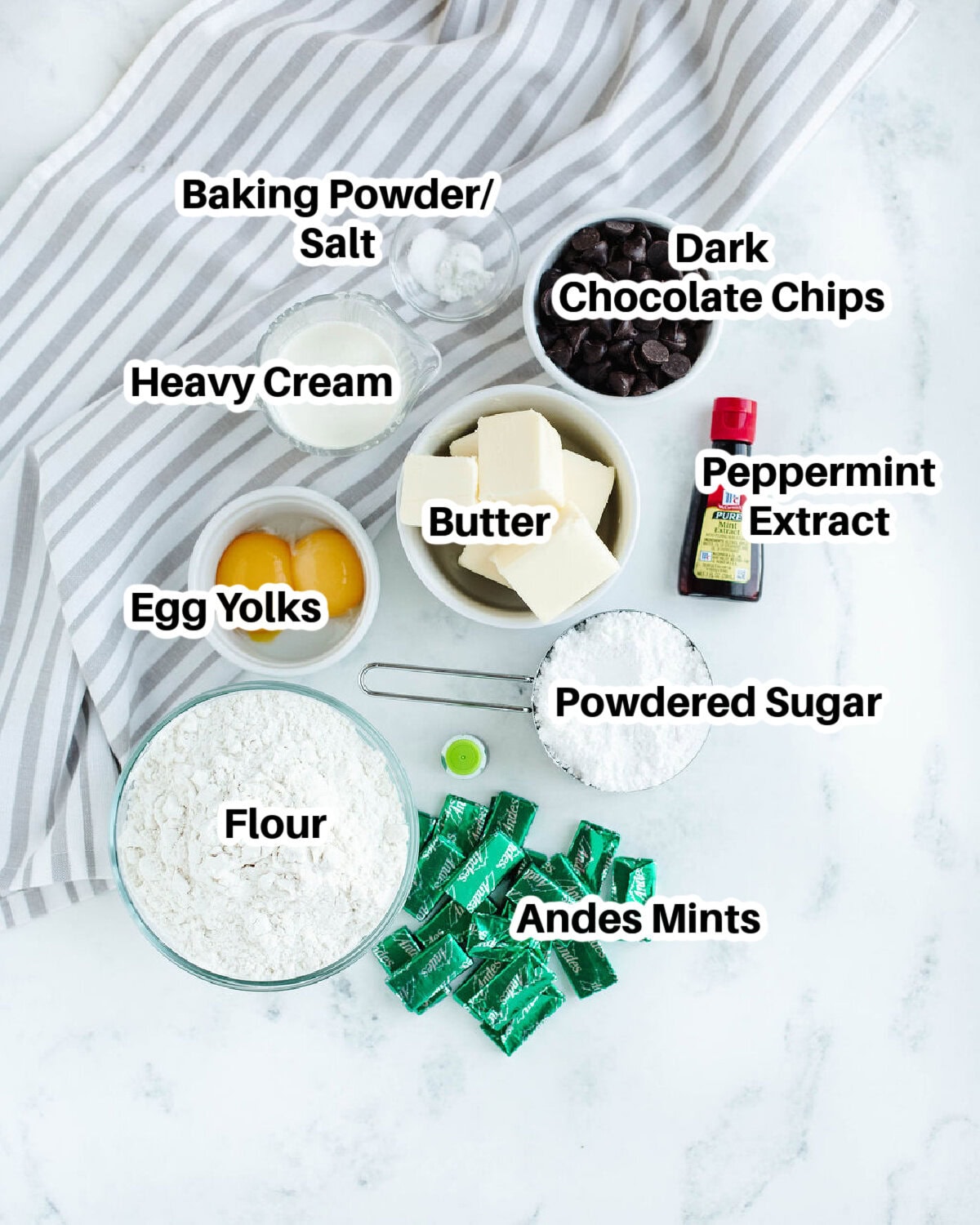 all the ingredients needed to make chocolate mint thumbprint cookies.