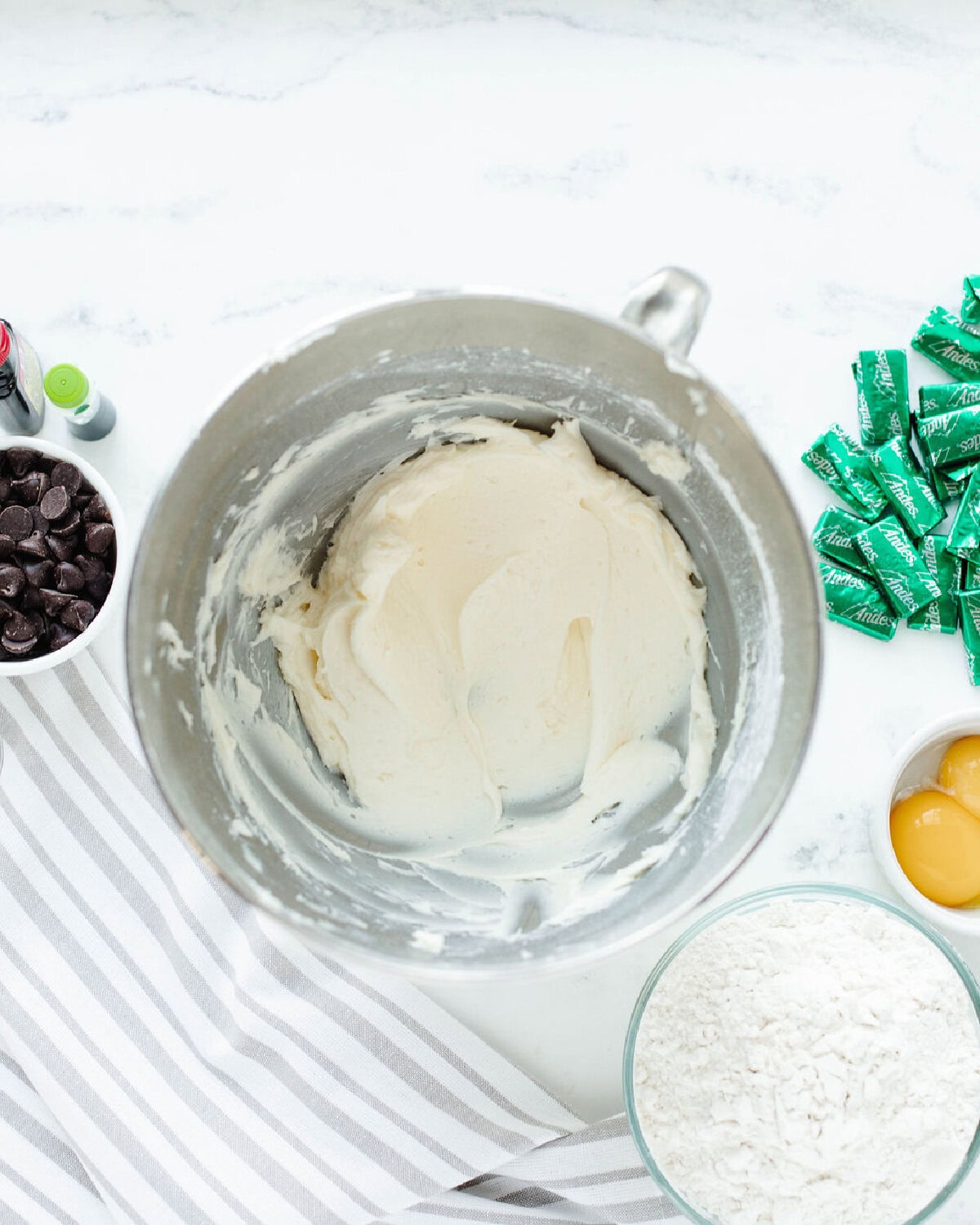 butter and powdered sugar creamed together in a mixing bowl.