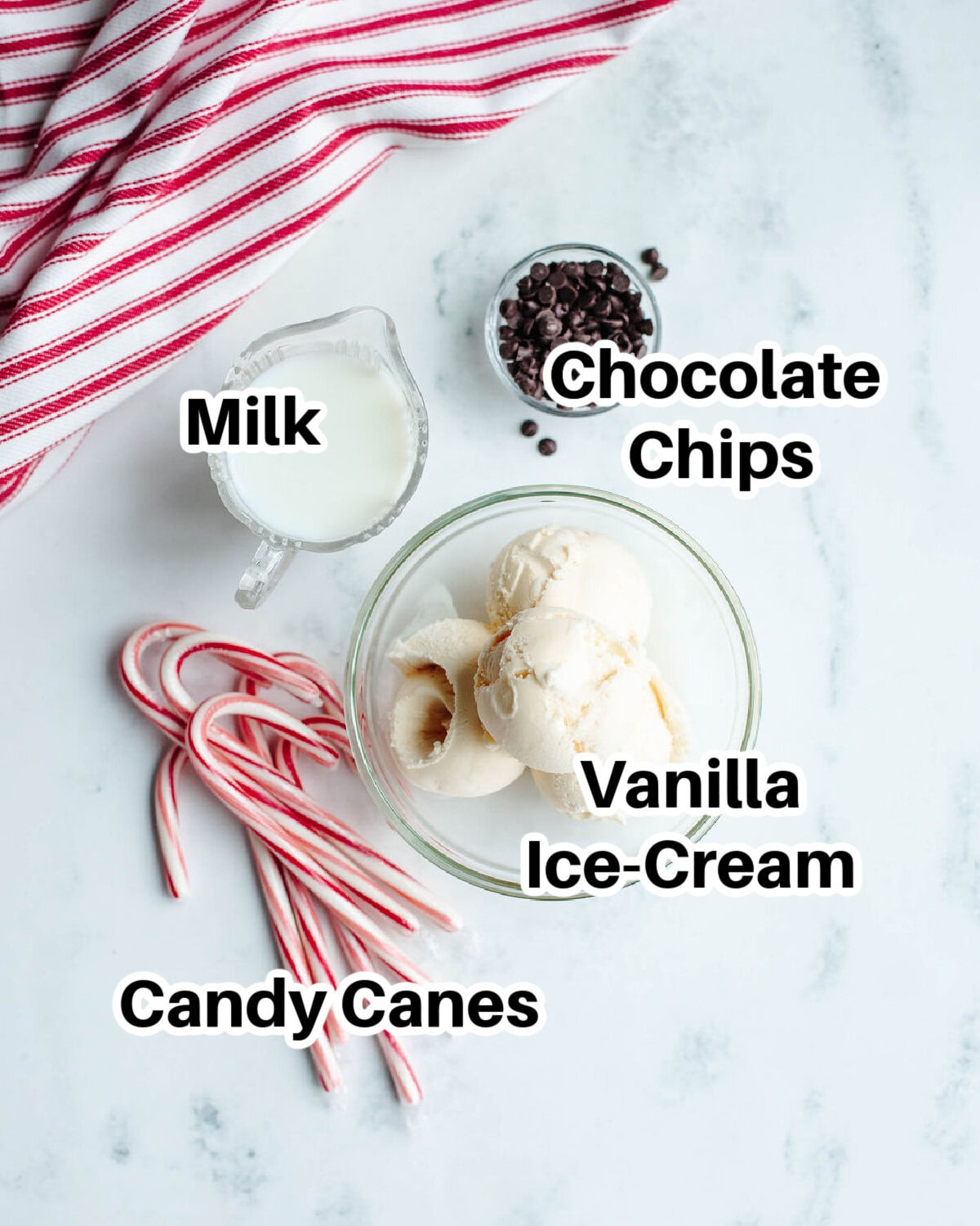 all the ingredients needed to make a copycat chick fil a peppermint milkshake.