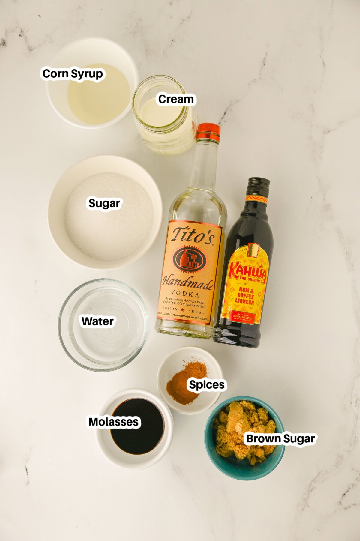 all the ingredients needed to make Gingerbread White Russian Cocktails.