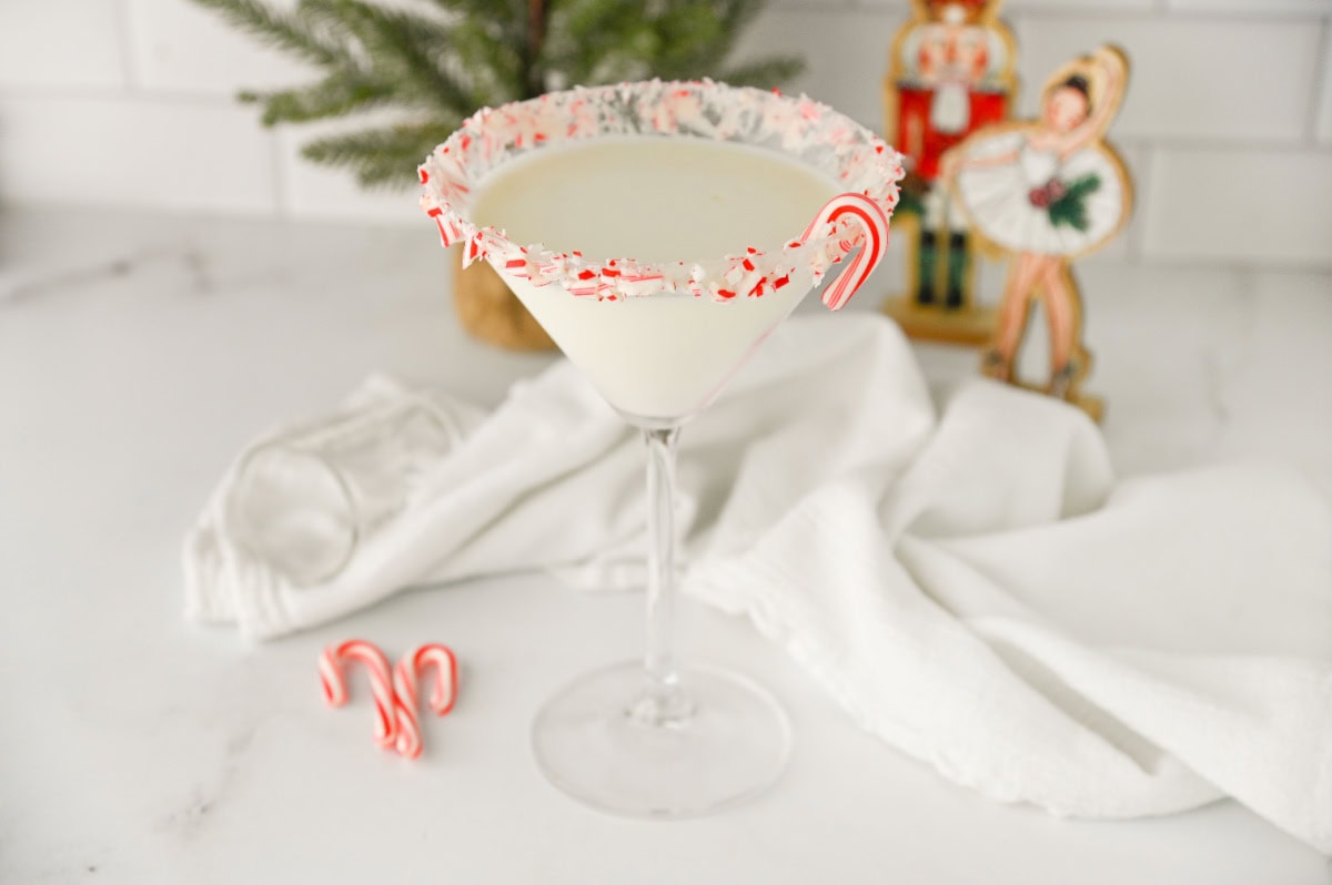 an up close look at a holiday white chocolate peppermint martini.