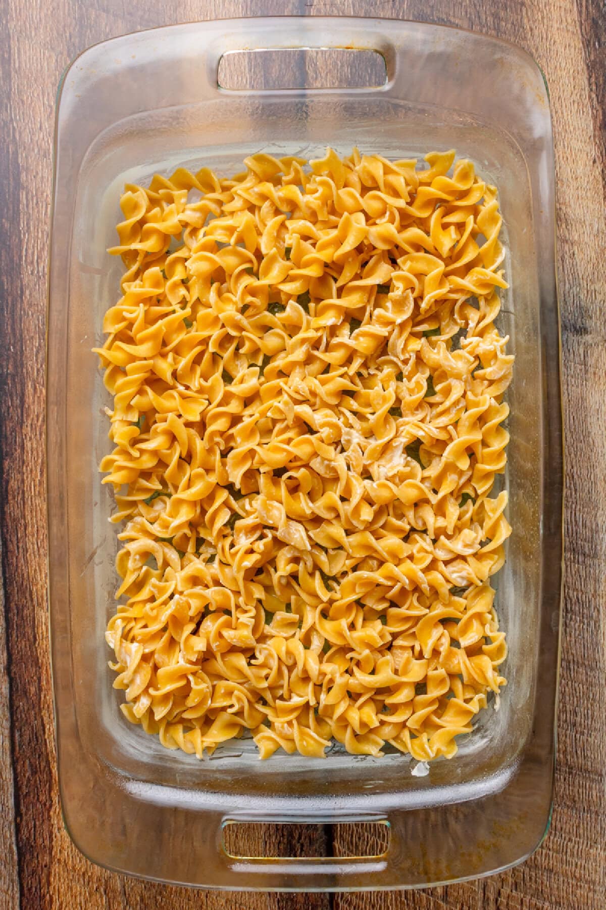 Cooked egg noodles spread into a prepared 9x13 casserole dish.