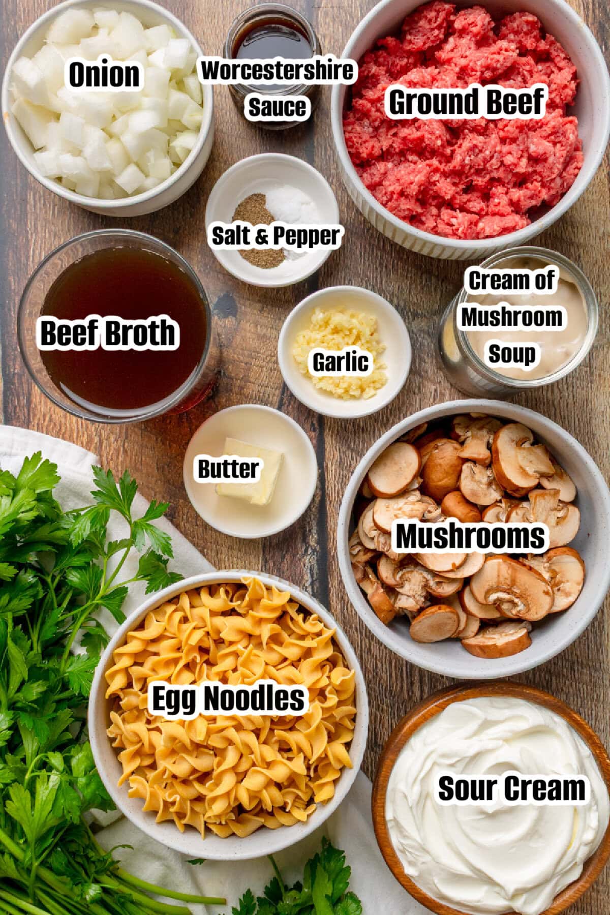 All the ingredients needed to make Beef Stroganoff Casserole.
