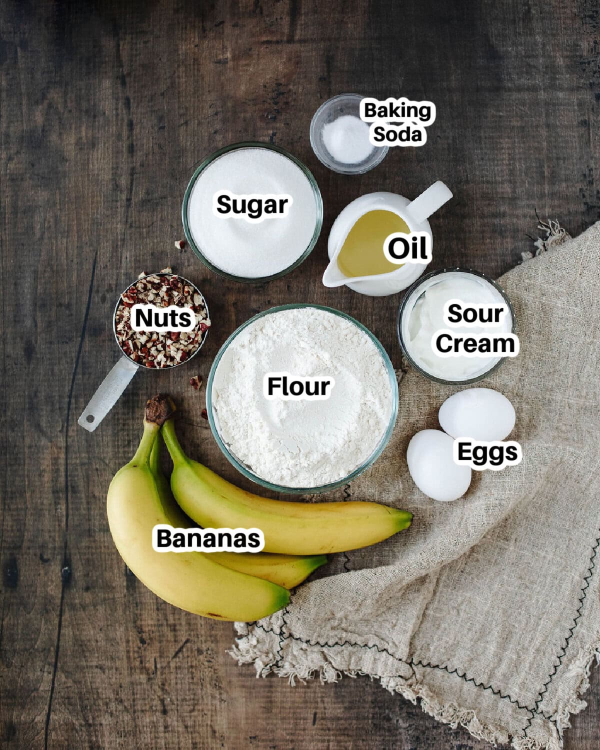 All the ingredients needed to make Cast Iron Skillet Banana Bread.