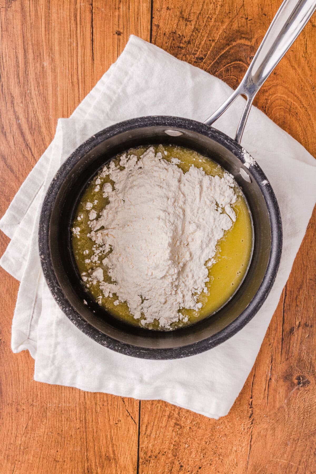 flour added to melted butter in a saucepan to form a roux.