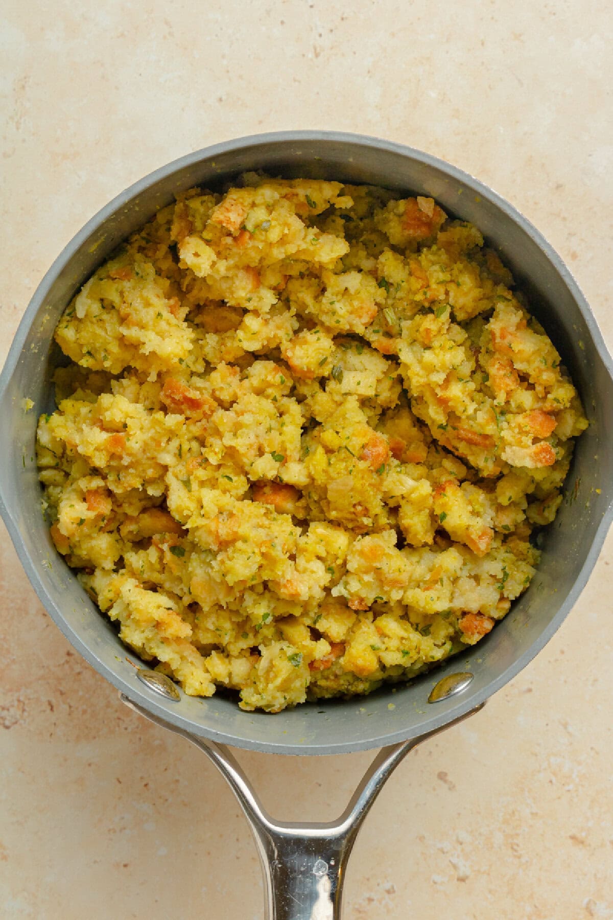 Stove Top stuffing prepared on the stove  for chicken and stuffing casserole.