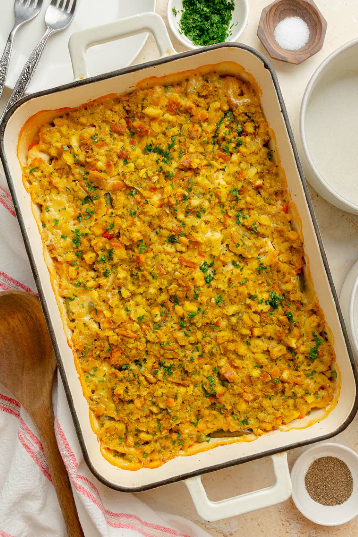 Baked chicken and stuffing casserole hot and bubbly from the oven.