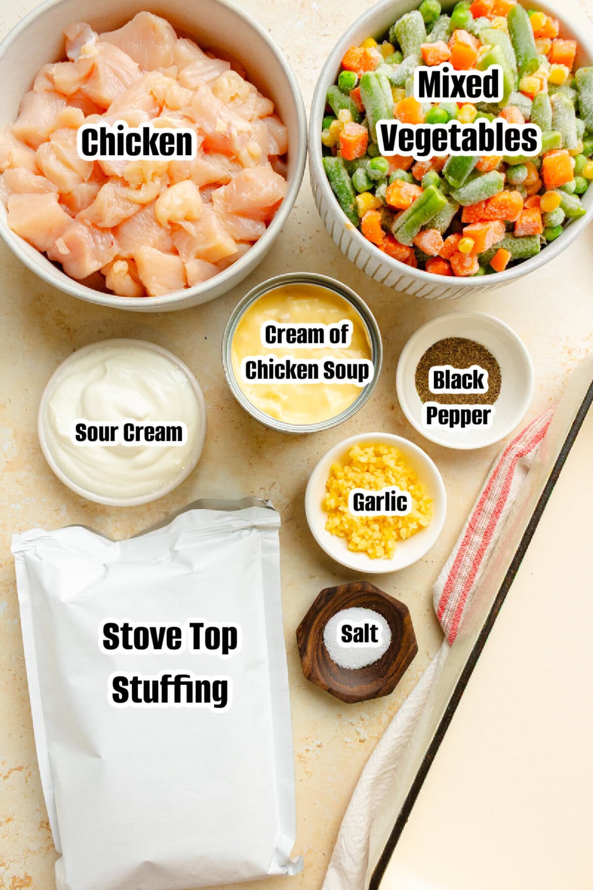 Ingredients for chicken and stuffing casserole including chicken, stuffing mix, soup, and vegetables.