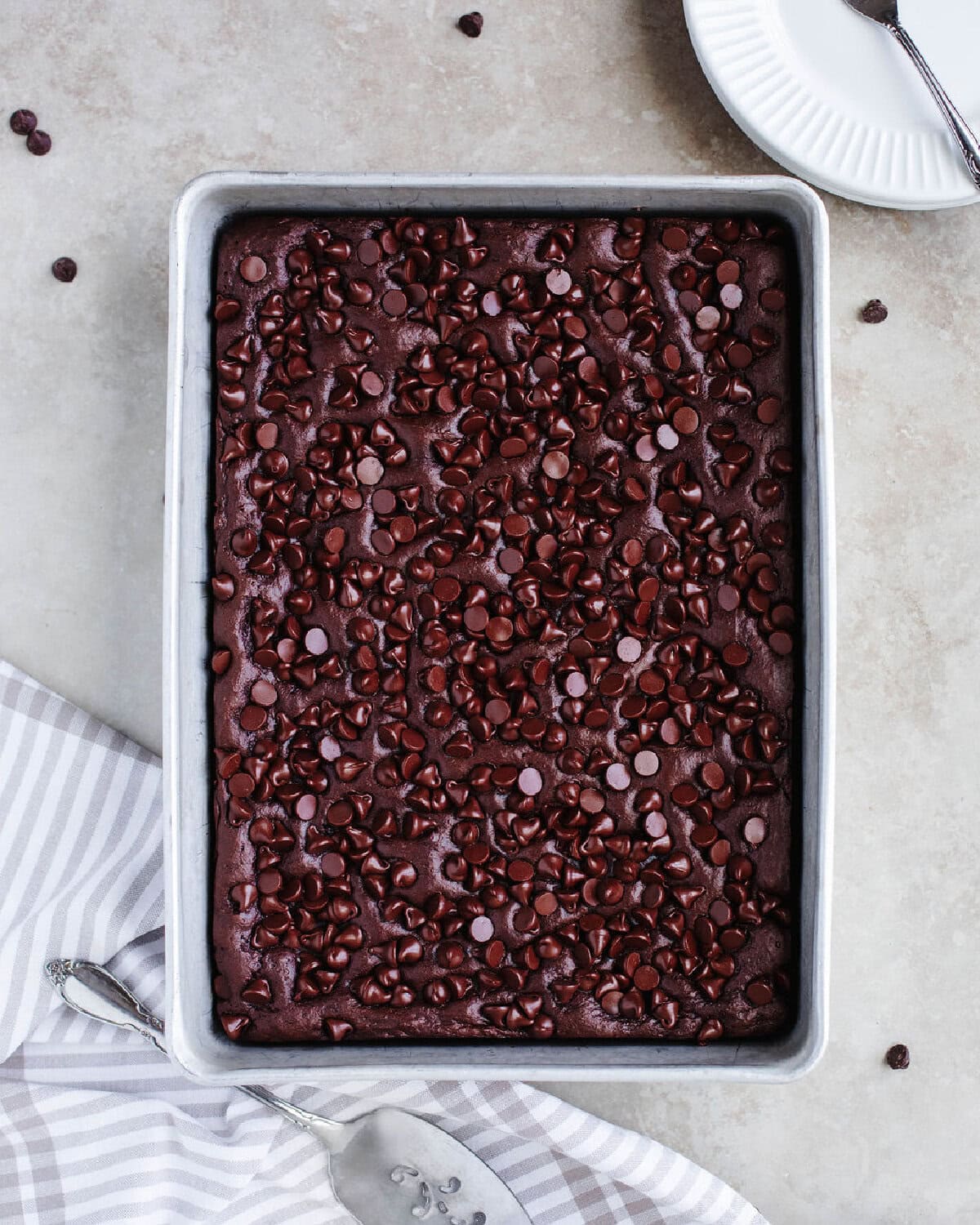 rich chocolate cake baked in 9x13 pan.