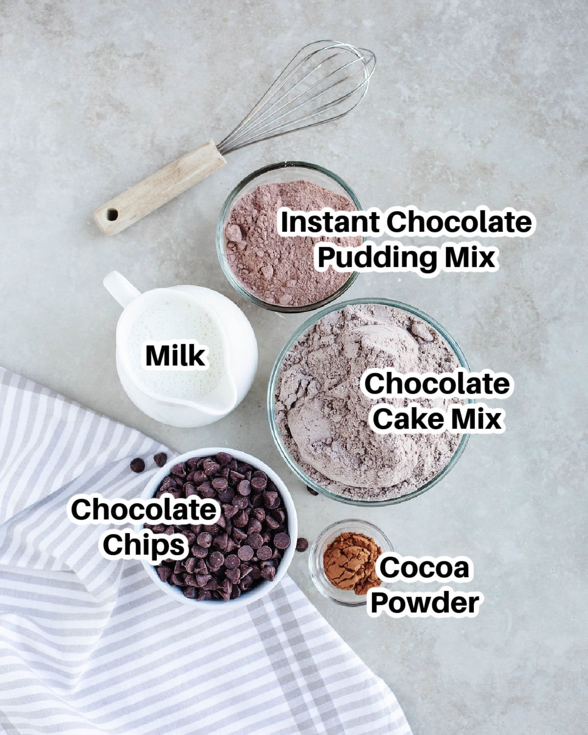 all the ingredients needed to make a death by chocolate dump cake.