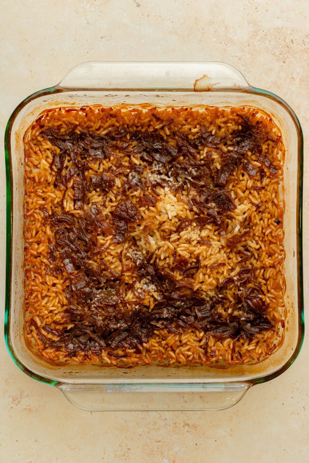 baked French Onion Rice in an 8x8 baking pan.