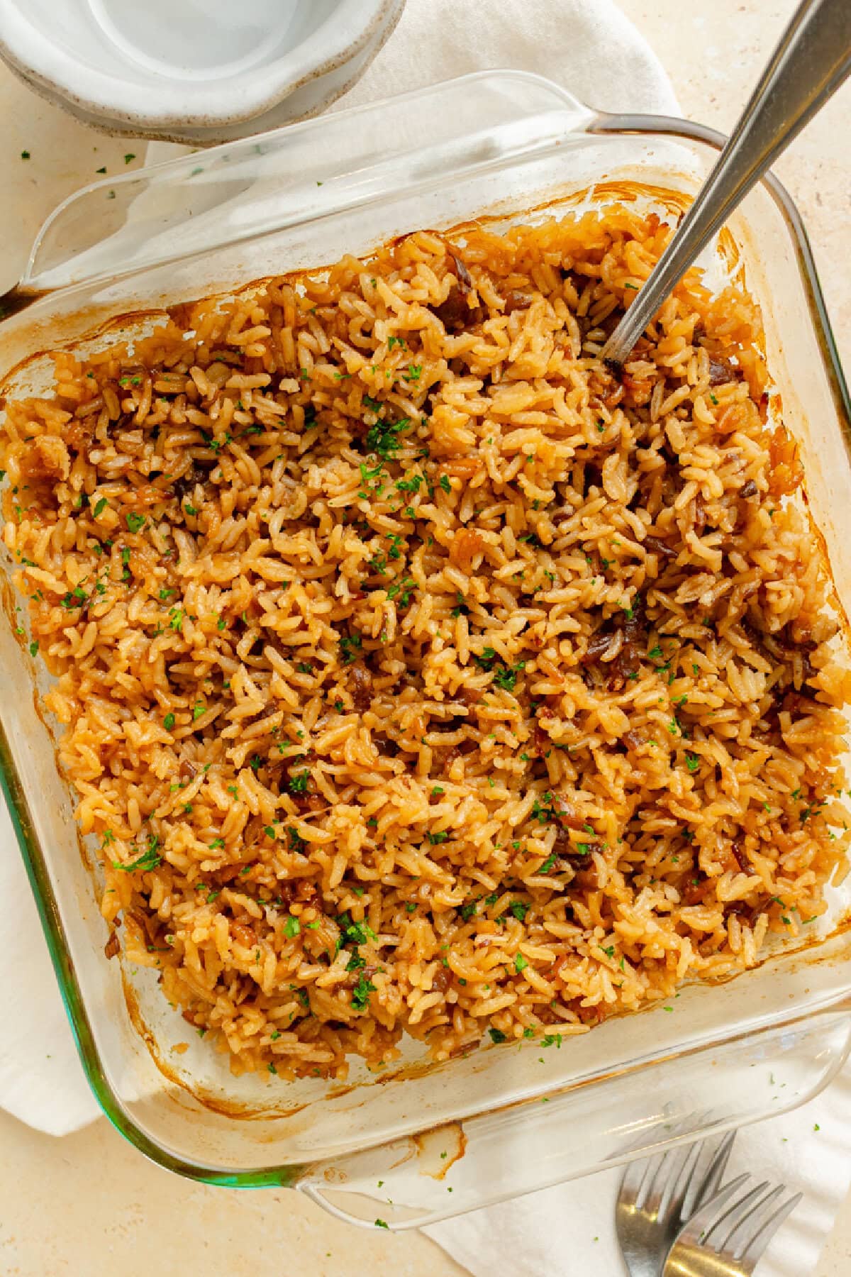 baked french onion rice made with canned french onion soup.