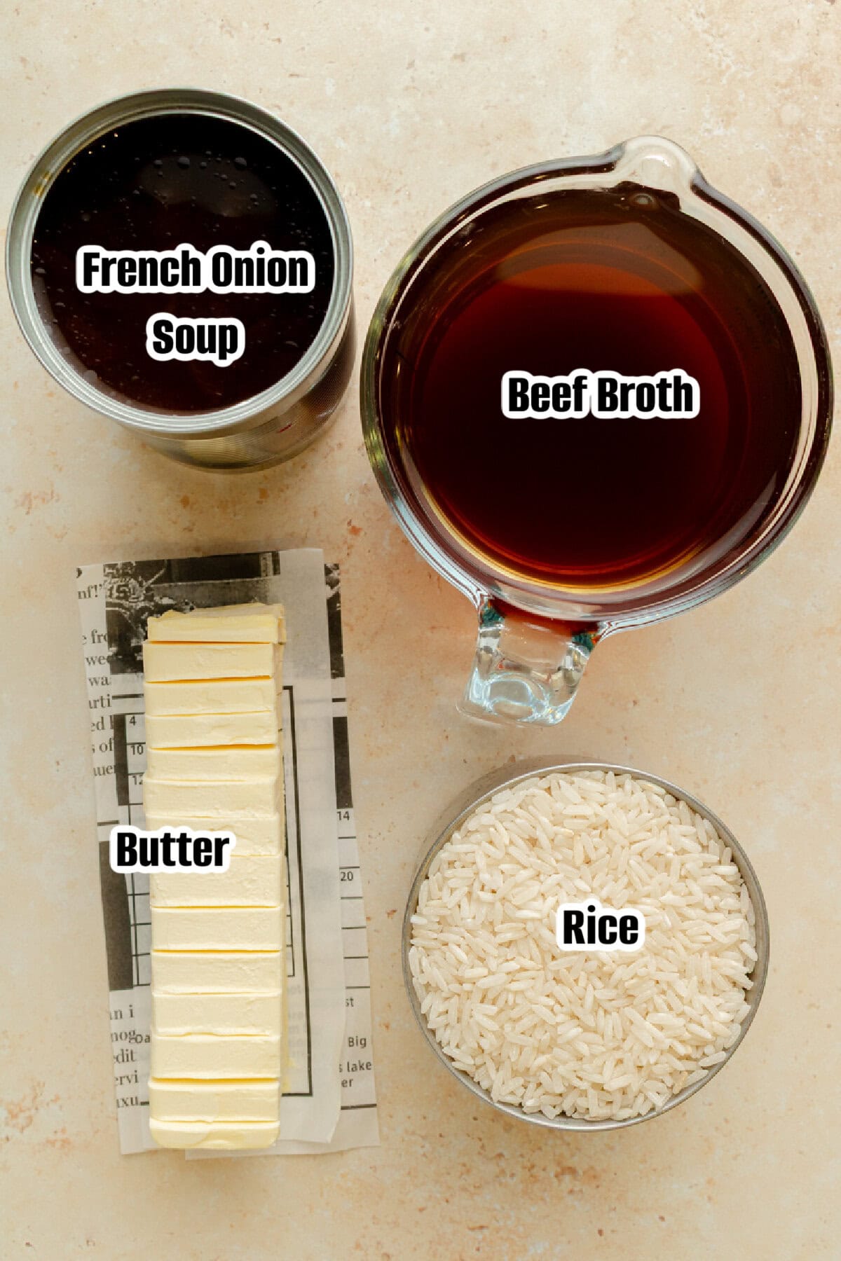 all the ingredients needed to make French Onion Rice.