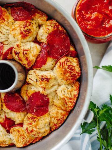 baked pizza monkey bread in a bundt pan ready to serve.