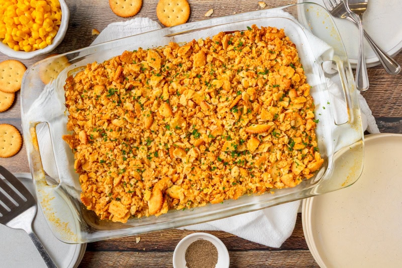 Ritzy chicken casserole with creamy chicken filling and buttery ritz cracker topping baked until golden.